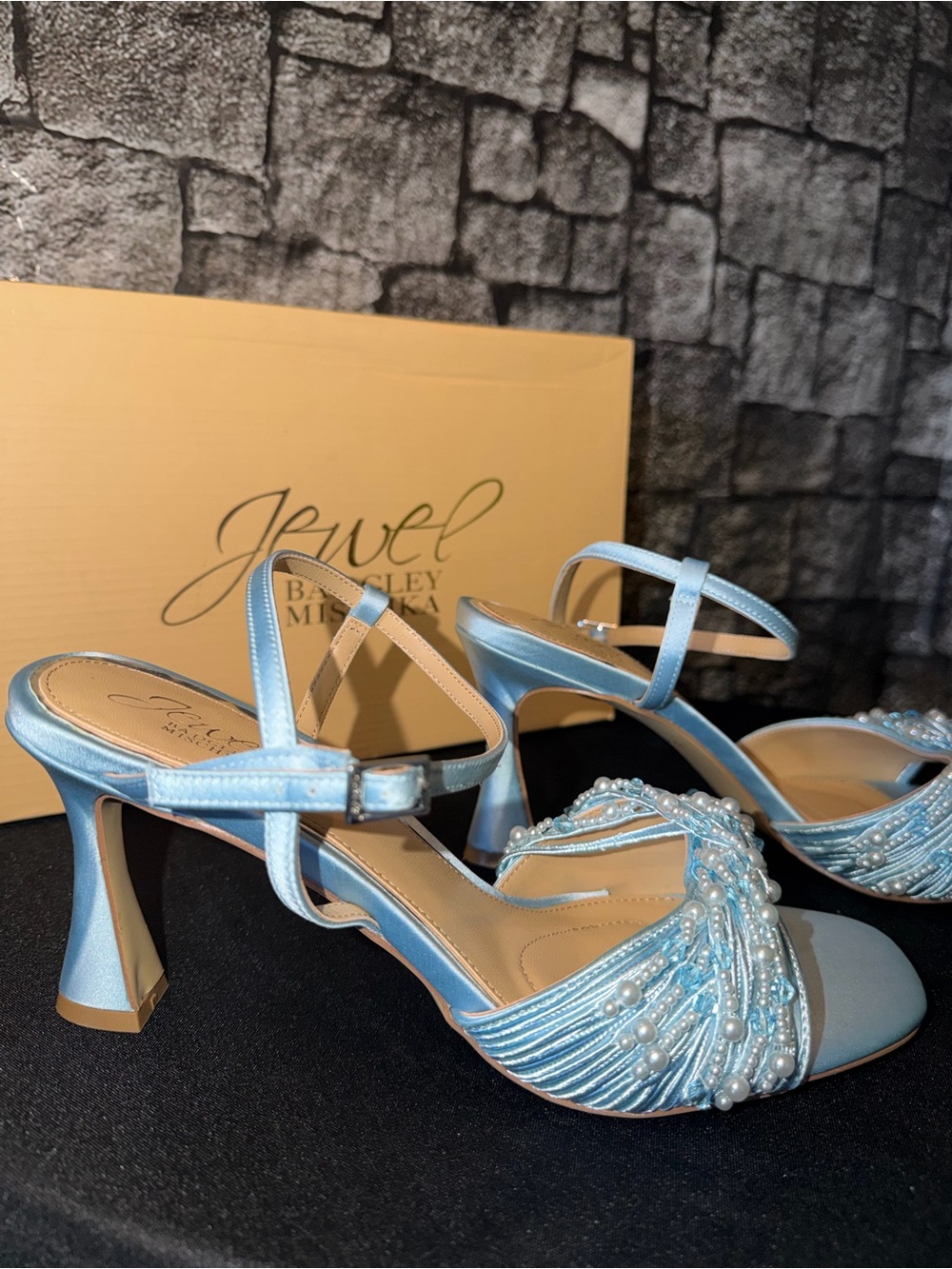 Badgley Mischka Light Blue Pearl-Embellished Satin Heels
